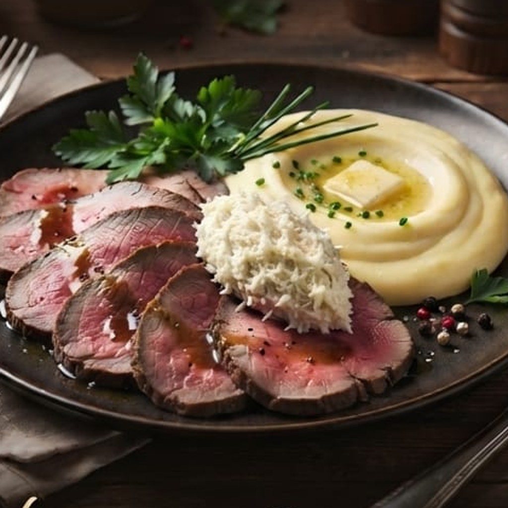 Roastbeef — mit cremigem Kartoffelpüree und frischem Sahne-Meerrettich