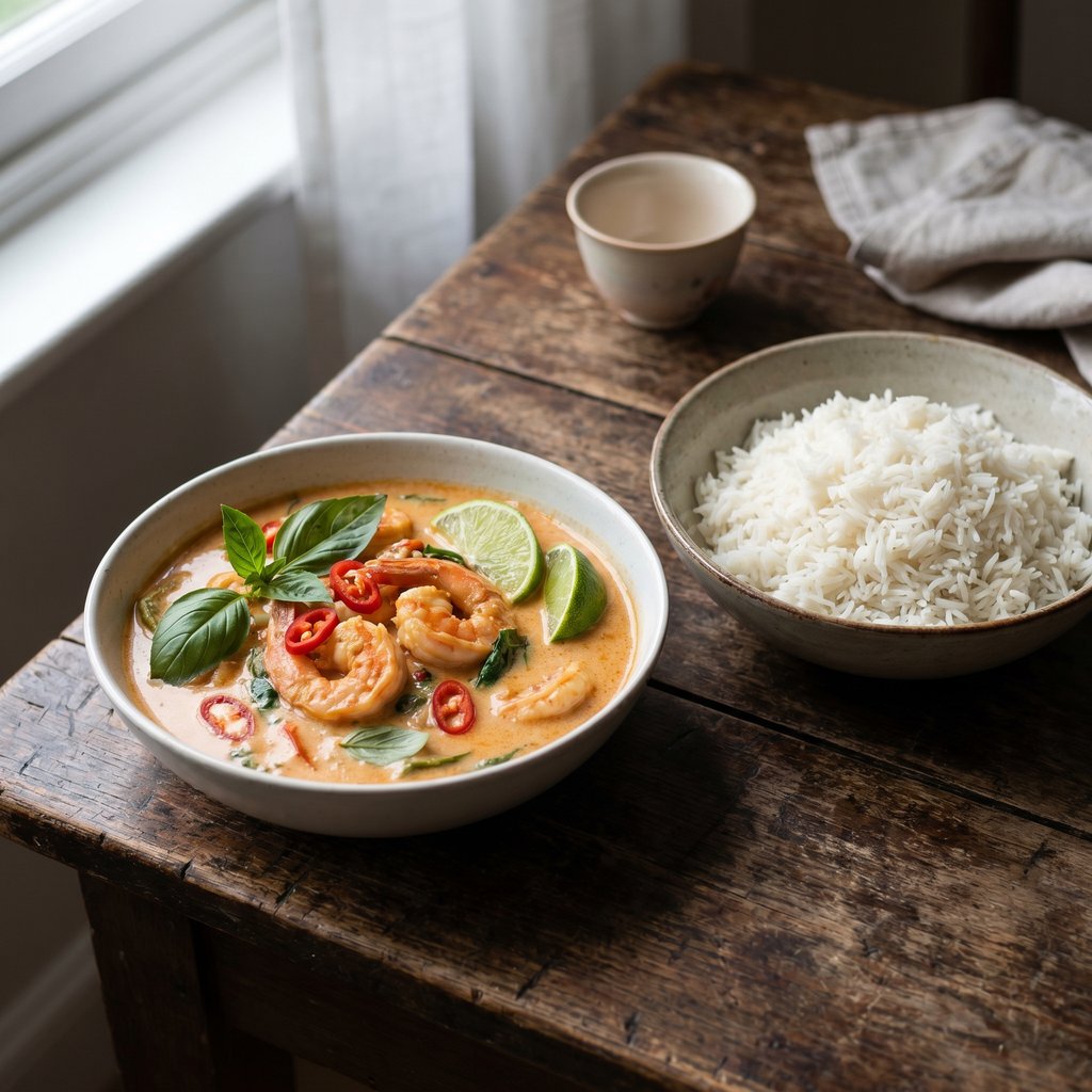 Thai Curry mit Garnelen und Basmatireis
